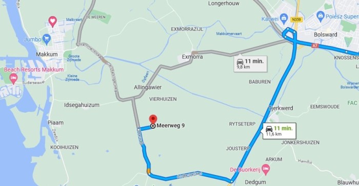 Route naar Meerweg 9, Allingawier